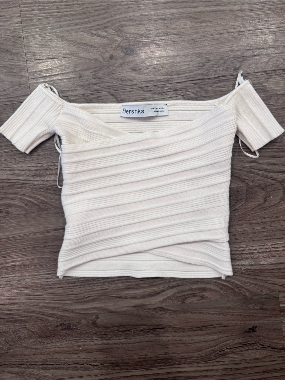 Bershka Off-Shoulder Ribbed Crop Top in Ivory